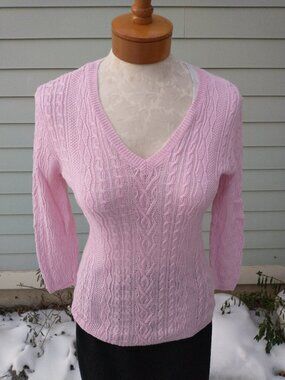 Sweater: linen, pink mixed cable knit, 3/4 sleeve. Size small - by Ralph Lauren